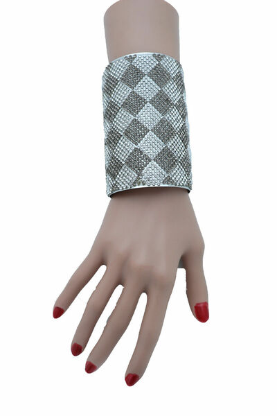 Women Long Cuff Bracelet Silver Metal Geometric Square Retro Bling Sparkling