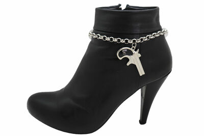 Women Silver Metal Chain Boot Bracelet Shoe Black Bad Gun Charm Western Army
