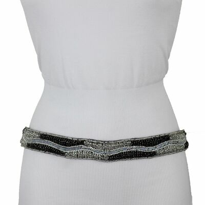 Women skinny band dressy fashion fancy belt hip waist black silver beads s m