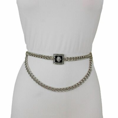 Women belt silver metal chain bling lion square charm buckle fashion plus xl xxl