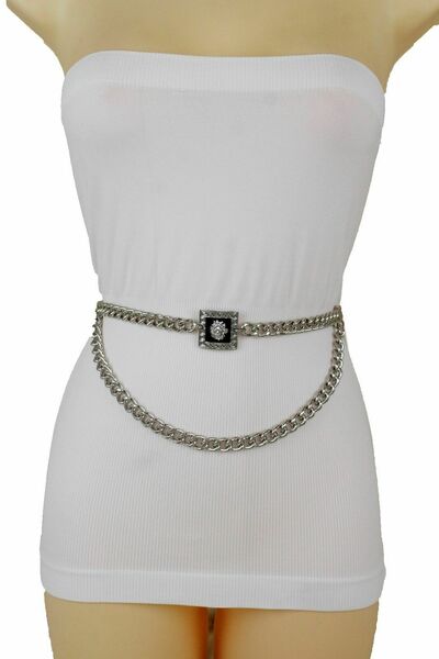 Women Belt Silver Metal Chain Bling Lion Square Charm Buckle Fashion Plus XL XXL