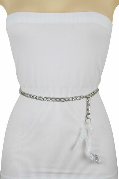 Women Belt Silver Metal Chain Holidays NYE Christmas Glitter Shoe Buckle M L XL