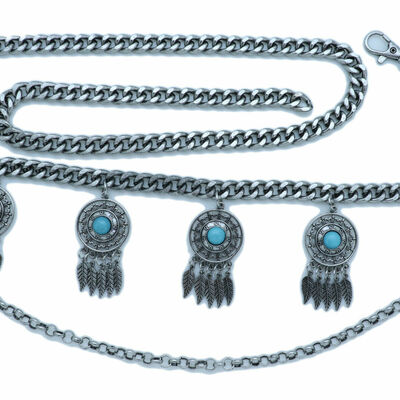 Women belt silver metal chain links feather dream catcher turquoise charm m l xl
