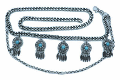 Women Belt Silver Metal Chain Links Feather Dream Catcher Turquoise Charm M L XL