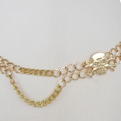 Women belt skeleton gold metal chain skulls buckle celebrity fashion plus xl xxl