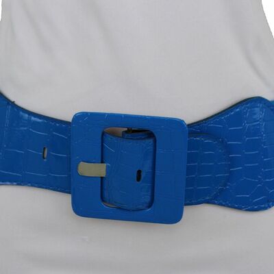 Women belt wide cobalt sky blue elastic waistband big square buckle plus m l xl