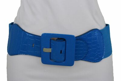 Women Belt Wide Cobalt Sky Blue Elastic Waistband Big Square Buckle Plus M L XL