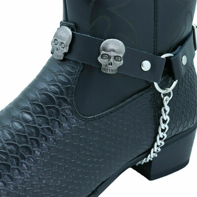 Men biker silver metal chain black boot bracelets 2 straps skull charms casual 