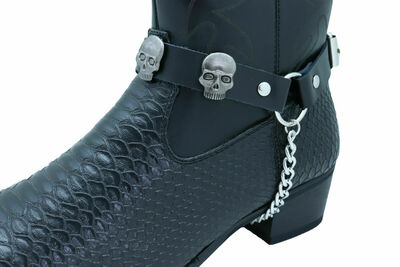 Men Biker Silver Metal Chain Black Boot Bracelets 2 Straps Skull Charms Casual 