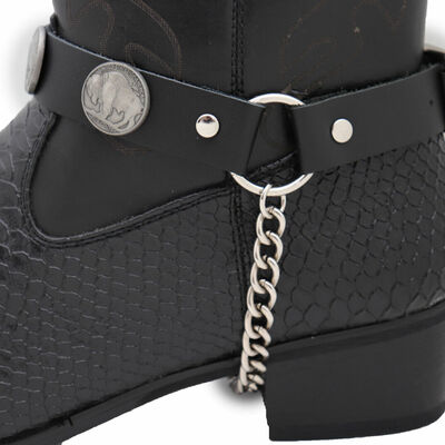 Men boot bracelet silver chain black faux leather 2 straps buffalo bull western
