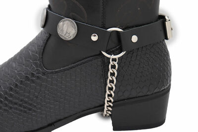 Men Boot Bracelet Silver Chain Black Faux Leather 2 Straps Buffalo Bull Western