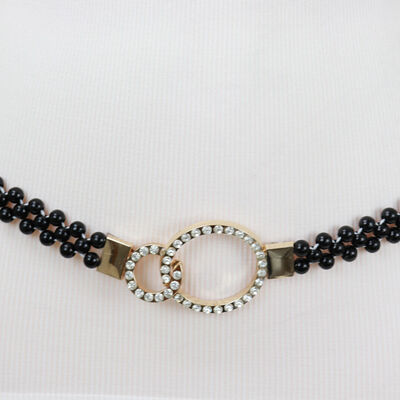 Women black beads elastic band skinny fancy belt gold metal circle buckle s m l