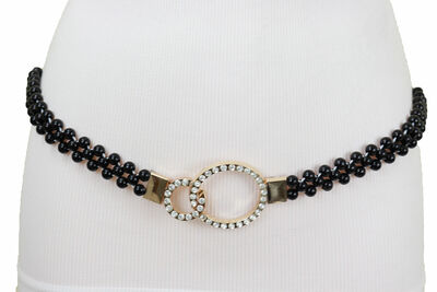 Women Black Beads Elastic Band Skinny Fancy Belt Gold Metal Circle Buckle S M L