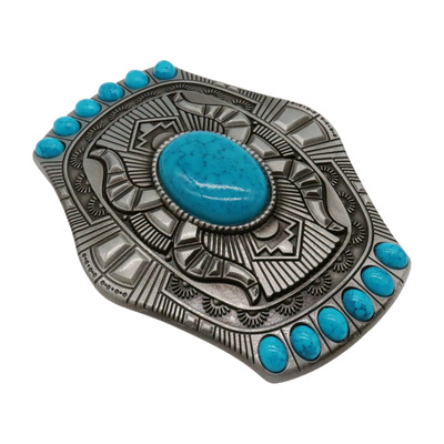 Men dark silver metal buckle rodeo western turquoise blue beads floral filigree