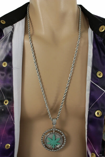 Men Metal Chains Long Fashion Necklace Silver Gold Weed Leaf Marijuana Pendant