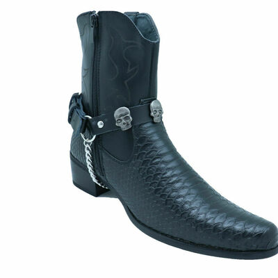 Men metal silver boots chains fashion western shoe black 2 straps skeleton skull