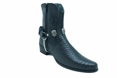 Men Metal Silver Boots Chains Fashion Western Shoe Black 2 Straps Skeleton Skull