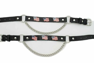 Men Metal USA Flag Silver Boots Chain Fashion Trucker Shoe Black Strap Bracelet