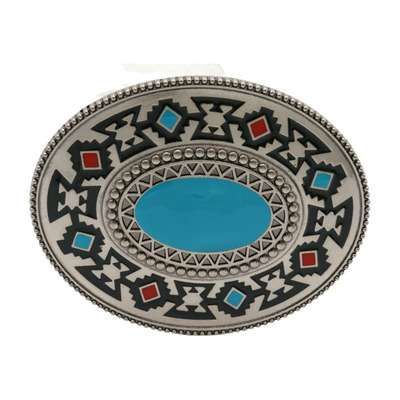 Men silver metal buckle native ethnic aztec style oval turquoise blue color