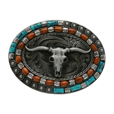 Men silver metal buckle western bull long horn texas turqioise brown filigree tx