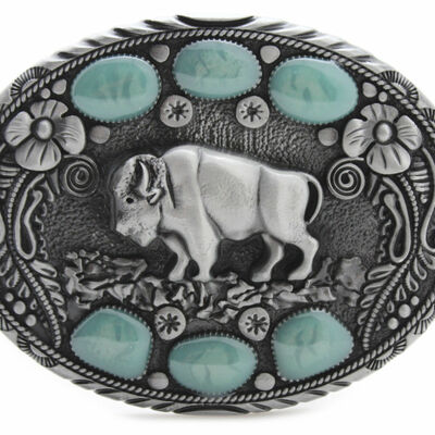 Men western belt buckle silver metal cowboy bison buffalo ox bling turquoise