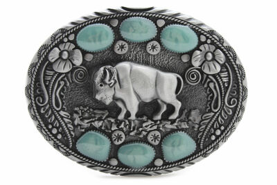 Men Western Belt Buckle Silver Metal Cowboy Bison Buffalo Ox Bling Turquoise