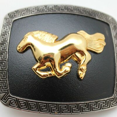 Men western belt buckle silver metal square gold rodeo horse black jeans pants