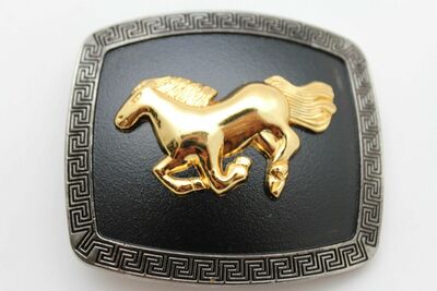 Men Western Belt Buckle Silver Metal Square Gold Rodeo Horse Black Jeans Pants