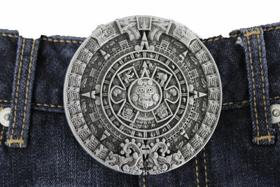 Men Women Metal Belt Buckle Antique Silver Metal Fashion Aztec Calendar Mayan