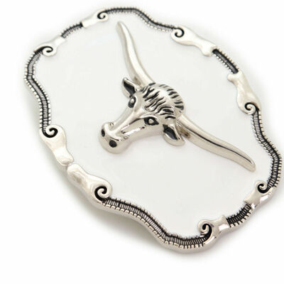 Men women silver metal belt buckle texas long horn cow unisex white color bull