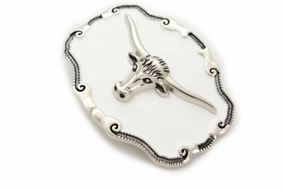 Men Women Silver Metal Belt Buckle Texas Long Horn Cow Unisex White Color Bull