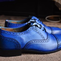 Blue Cap Toe Handmade Lace Up Dress Up Shoes - Thumbnail 1
