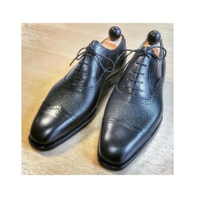 Men's Handmade Two Tone Black Leather & Grain Leather Oxford Wing Tip Toe Cap Lace Up Dress Shoes