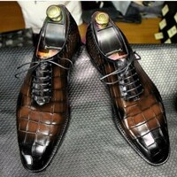 Handmade Alligator Skin Texture Leather Shoes, Two Tone Leather Shoes, Whole Cut Leather Shoes For Men - Thumbnail 6