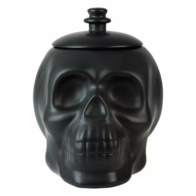 LARGE MATTE BLACK CERAMIC SKULL LIDDED COOKIE JAR