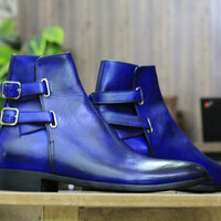 Men's Ankle High Blue Leather Boot, Handmade Double Buckle Strap Dress Leather Boot - Thumbnail 2