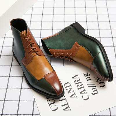 Hand crafted ankle high leather lace up boot, men's casual splice oxfords leather boot