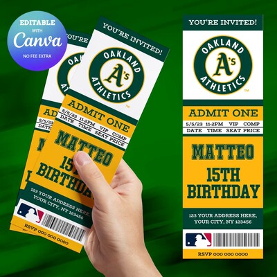 Oakland Athletics Birthday Ticket Invitation Canva Editable and Printable