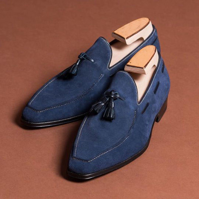 7 Star Navy Blue Suede Skin Loafers Moccasin Shoes Handmade Formal Shoes