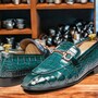 Men's Brown Alligator Skin Texture Leather Moccasin, Handmade Apron Toe Horse Bit Leather Loafers -3