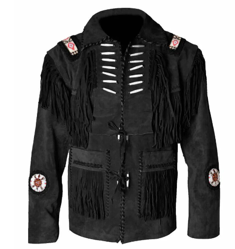 Handmade Men black Western Cowboy Fringe Jacket, Suede Leather Jacket