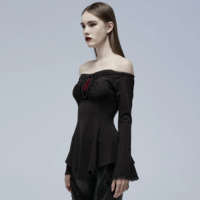  WOMEN BLACK GOTHIC SLASH NECK A LINE LONG SLEEVE T-SHIRT - Thumbnail 1