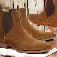 Handmade Men's Brown Suede Chelsea Ankle Boot Dress Boot - Thumbnail 1