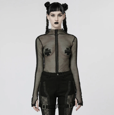  WOMEN BLACK PUNK SEXY ELASTIC MESH T-SHIRT