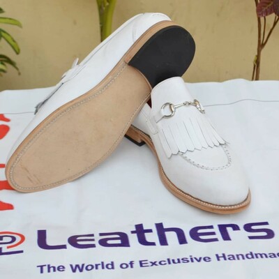Crafted Leather Classic White Fringes Loafer Dress Shoes