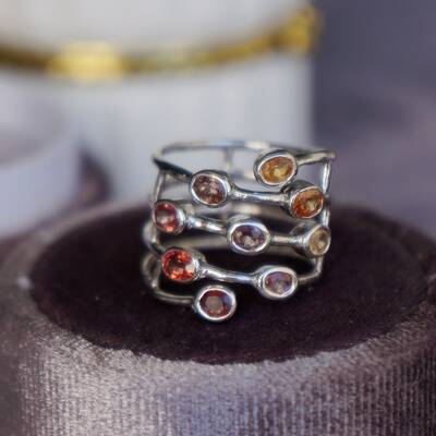 Stylish multi-color sapphire ring 925 sterling silver rhodium plated yellow/orange/red/purple sapphire sep. birthstone us 5.5 ring