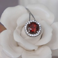 Natural Red Garnet Pendant Necklace 925 Sterling Silver Pendant Round Brilliant Faceted Topaz Gift for Girlfriend(free silver chain) - Thumbnail 2