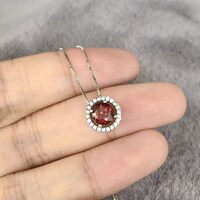 Natural Red Garnet Pendant Necklace 925 Sterling Silver Pendant Round Brilliant Faceted Topaz Gift for Girlfriend(free silver chain) - Thumbnail 3