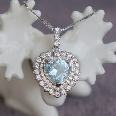 Elegant double halo heart shape natural aquarmarine pendant 925 sterling silver pendant for girl(free silver necklace gift)