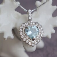 Elegant Double Halo Heart Shape Natural Aquarmarine Pendant 925 Sterling Silver Pendant for Girl(free silver necklace gift) - Thumbnail 5